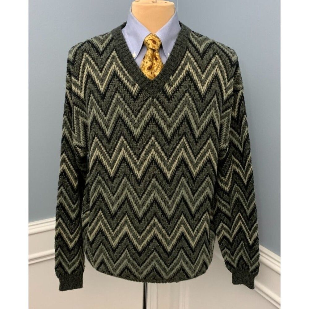 Vintage Puritan Sweater Mens L V-Neck Zig-Zag Flame Knit Long Sleeve Y2K